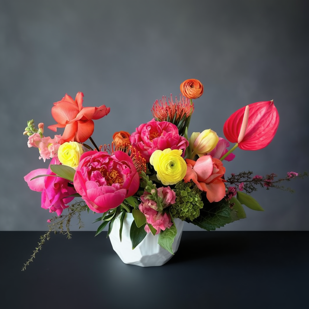 Colorful flower arrangement in a white vase on a dark background in for delivery in Austin Texas