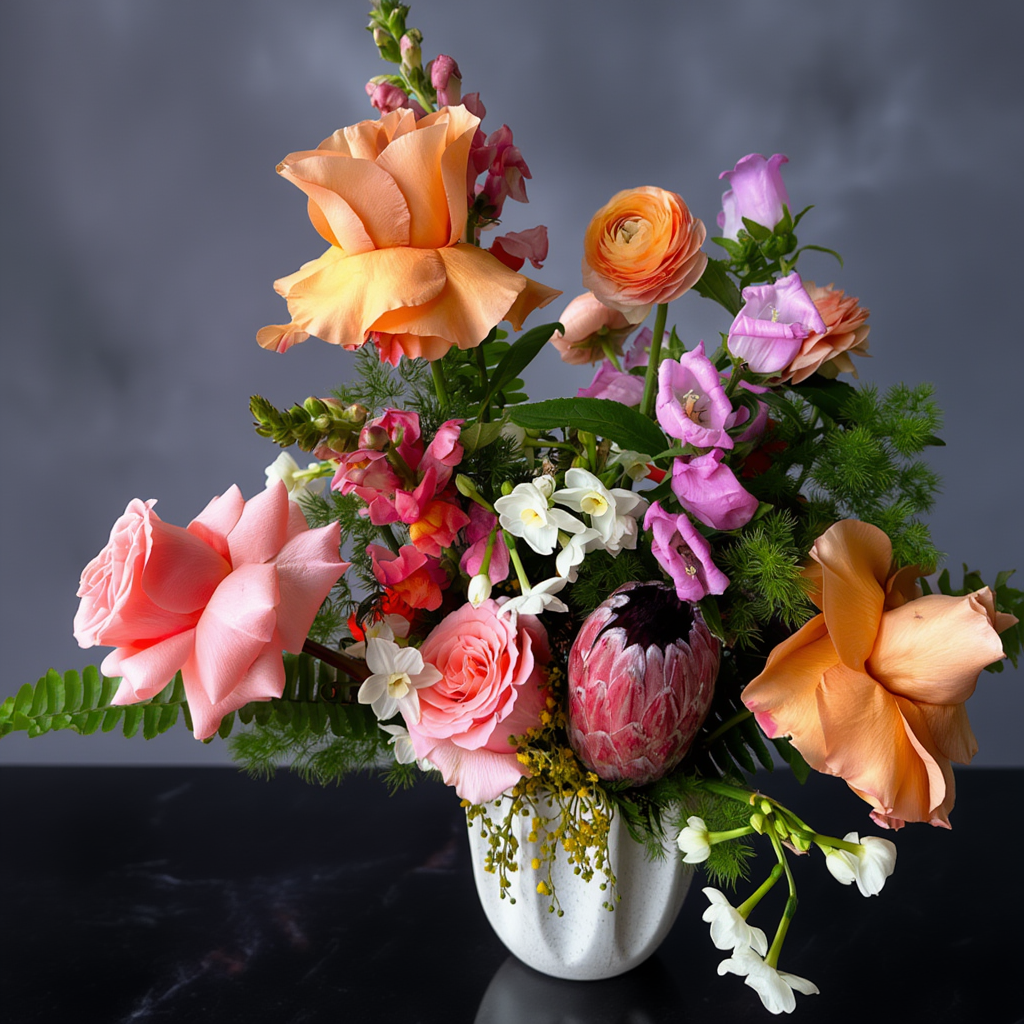 Colorful flower arrangement in a white vase on a reflective surface with a dark background for delivery in Austin Texsa
