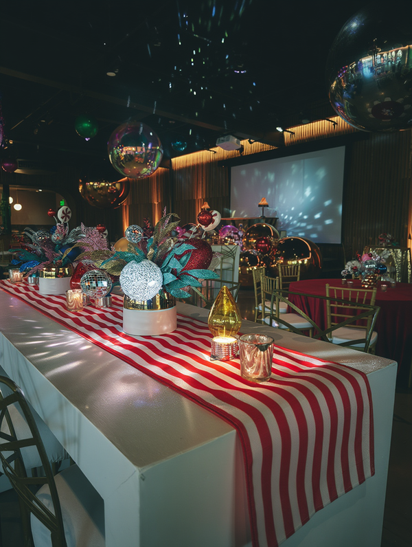festive indoor christmas party linens table decor lights