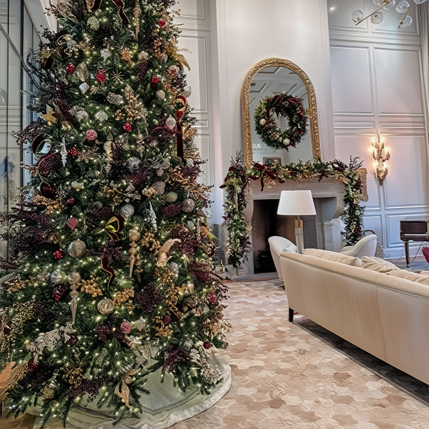Designer holiday Christmas tree, wreath, and garland with gold, burgundy, and red accents. Designed by Posey Floral in Austin TX.