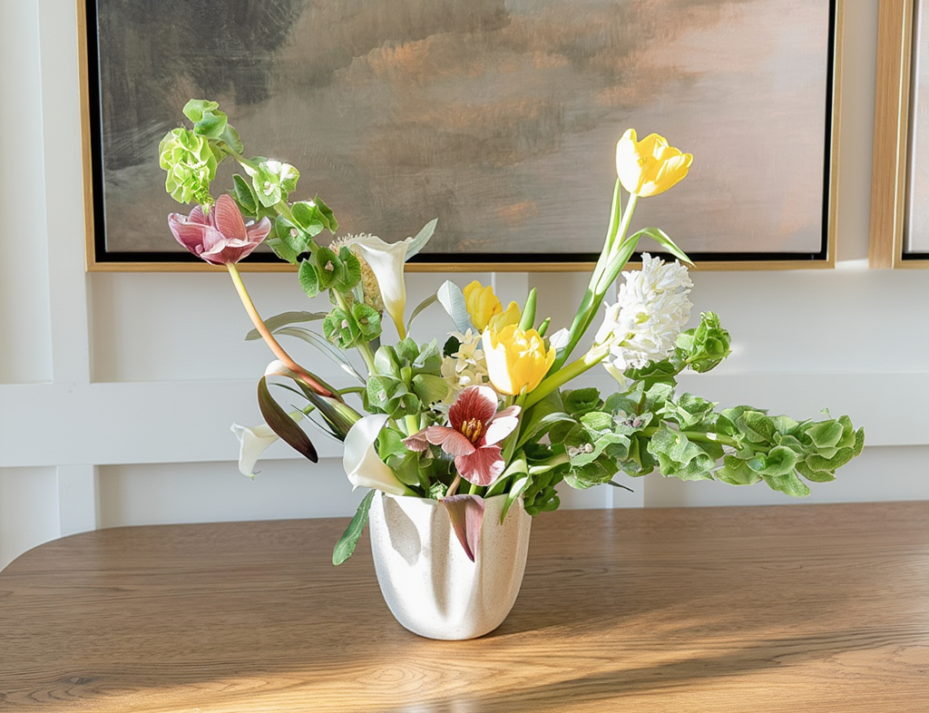Floral arrangement in a white vase on a wooden table with a painting in the background residential decor